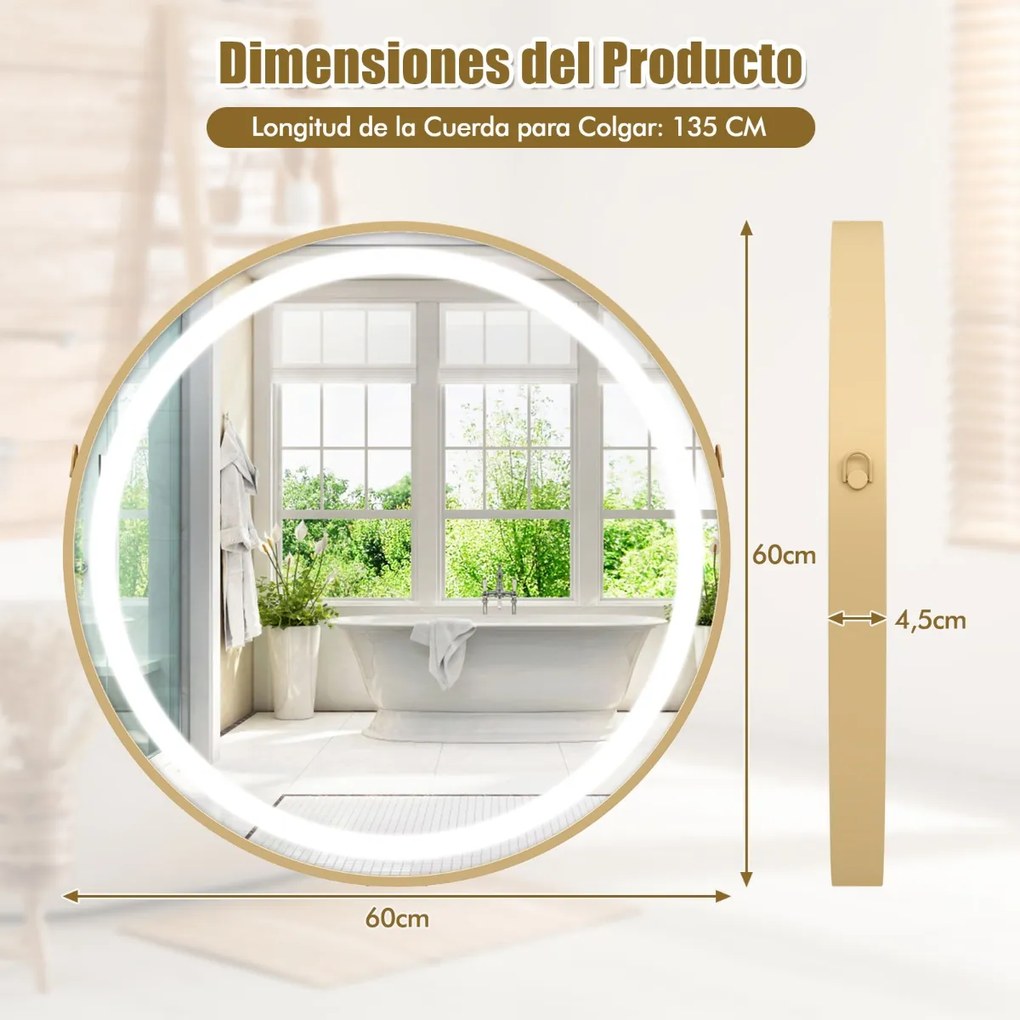 Espelho de parede casa de banho 60 x 60 cm com fita para pendurar Luz LED de 3 cores Função de memória