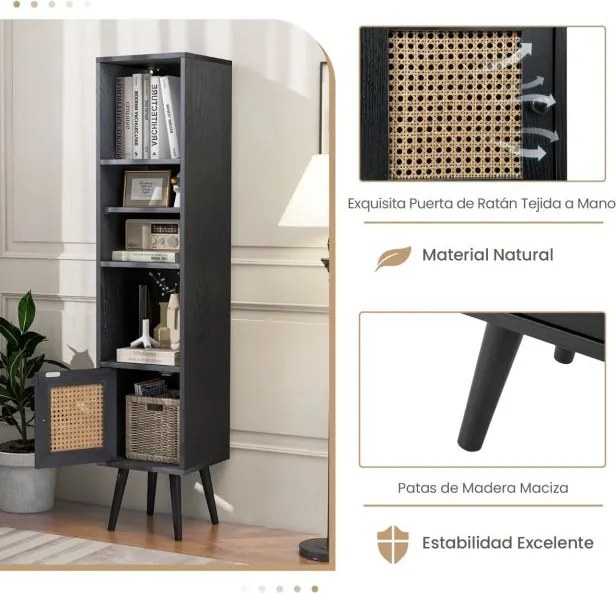 Estante em rattan estreito 29,5 x 29,5 x 137 cm com porta e prateleira ajustável para sala de estar Preto