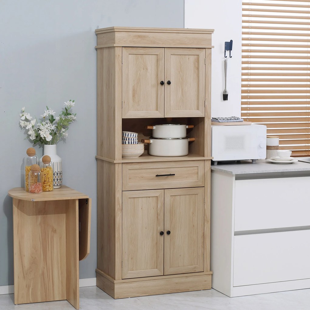 Armário de Cozinha com 4 Portas 1 Gaveta e Prateleira Aberta para Sala de Estar Sala de Jantar 74x39,5x183cm cor Carvalho