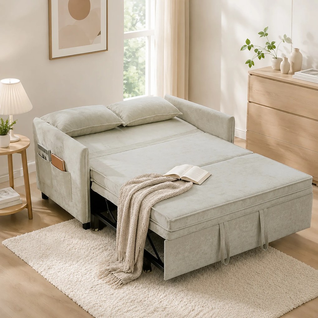 Sofá-cama de 2 lugares pequeno 125 (L) x 91 (P) x 94 (A) cm, sofá-cama 3 em 1 em chenille com encosto ajustável, assento largo, 2 almofadas, creme