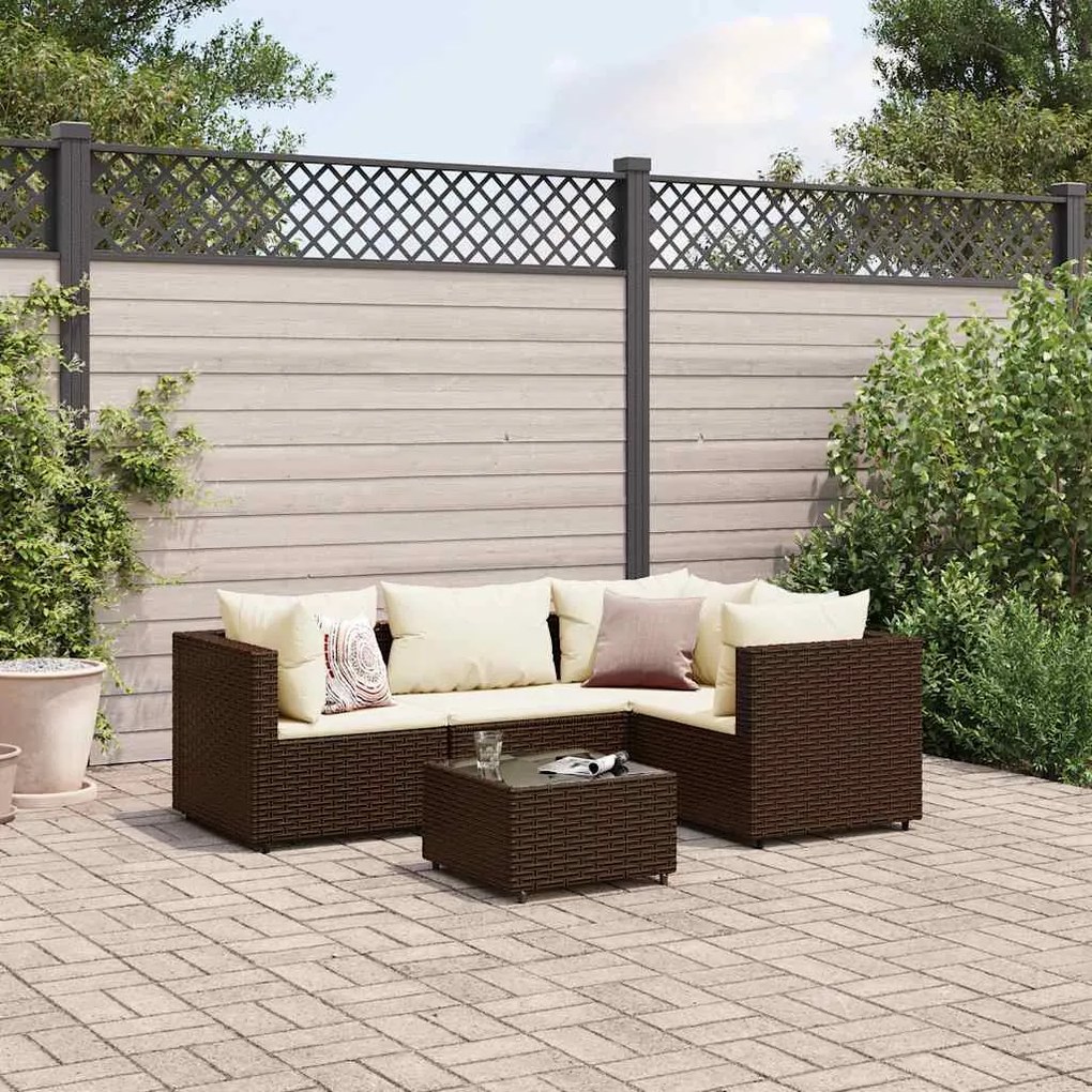 5 pcs conjunto lounge jardim c/ almofadões vime PE castanho