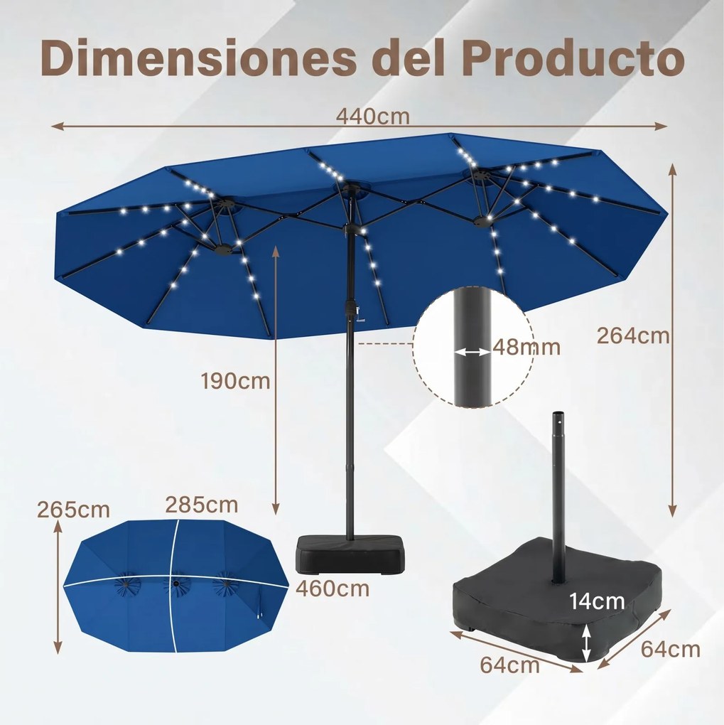Guarda-sol duplo 460 x 285 cm com 48 luzes LED, 3 aberturas de ventilação, 12 varas, base e manivela para jardim, terraço e piscina – azul