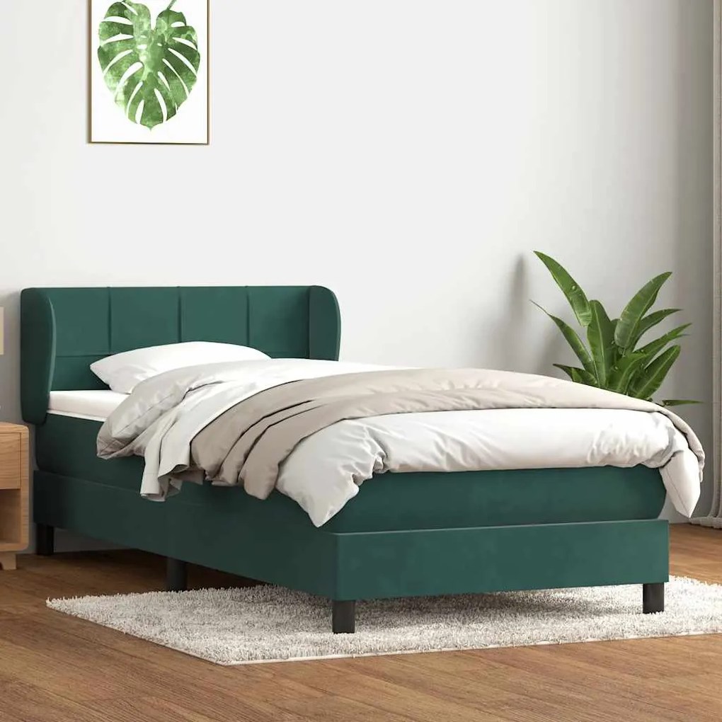 vidaXL Cama com molas/colchão 100x210 cm veludo verde-escuro