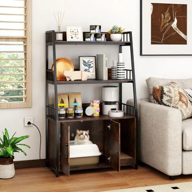 Móvel para caixa areia gatos (NÃO INCLUIDA) 80 x 40 x 132 cm com 2 prateleiras e Estação de carregamento integrada Castanho e preto