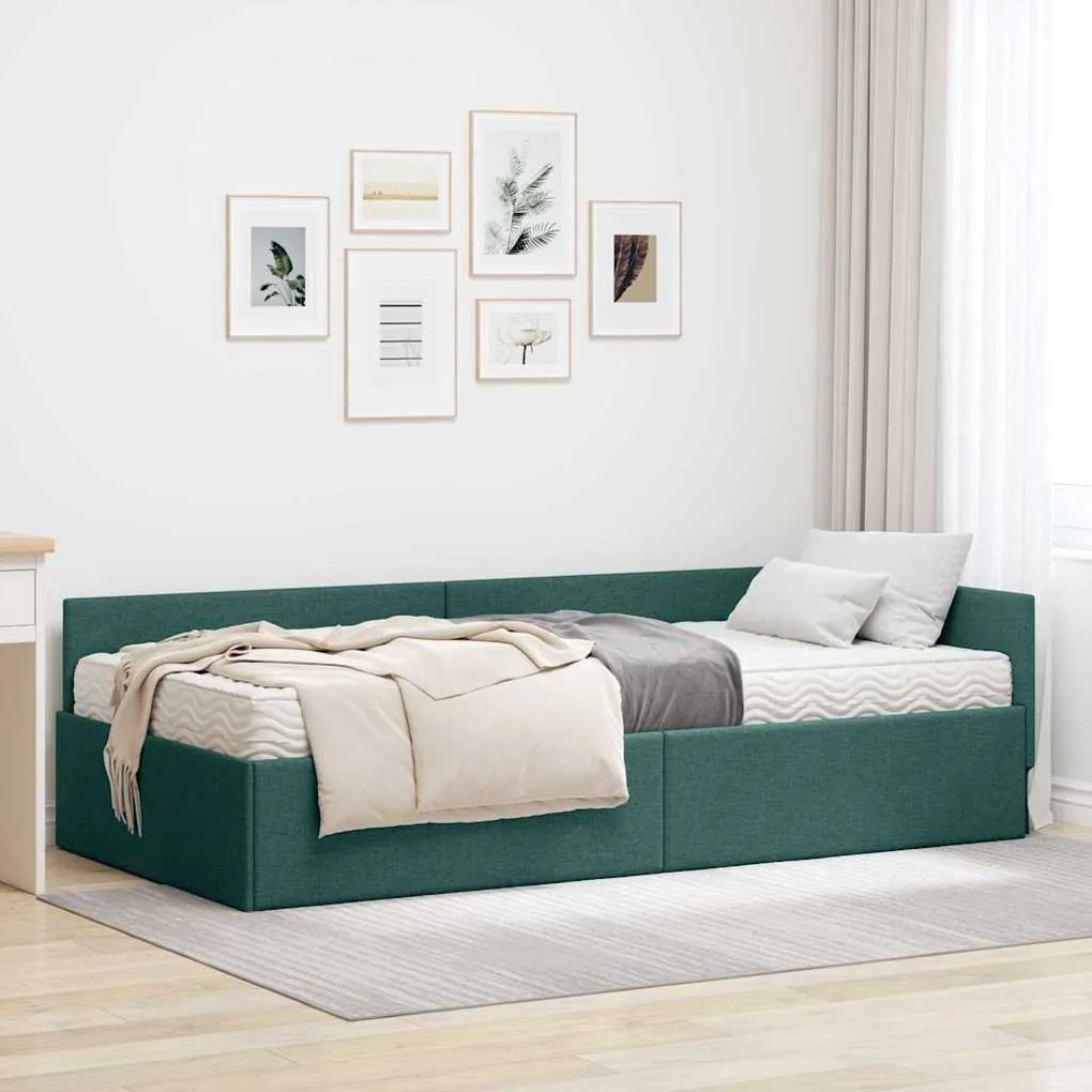 vidaXL Estrutura de Cama de Canto com Colchão 2 pcs Verde tecido