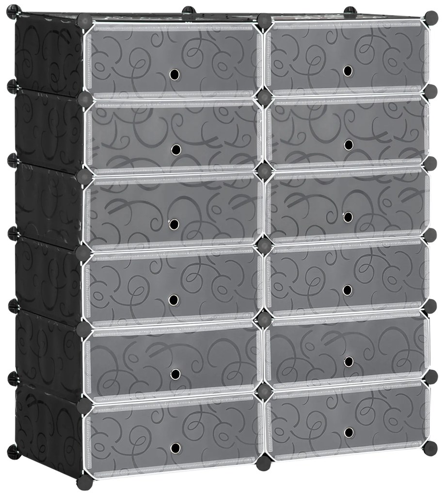 Sapateira Modular de Cubos de Plástico Armário Modular para Sapatos com 12 Cubos com Porta Desenho de DIY 94x37x108 cm Preto