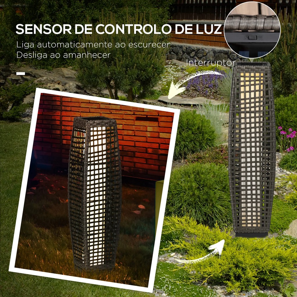 Outsunny Candeeiro de Jardim de Vime Sintético Candeeiro Solar de Exterior com Luzes LED Ligar/Desligar Automático para Varanda Pátio 21x21x78cm Cinza