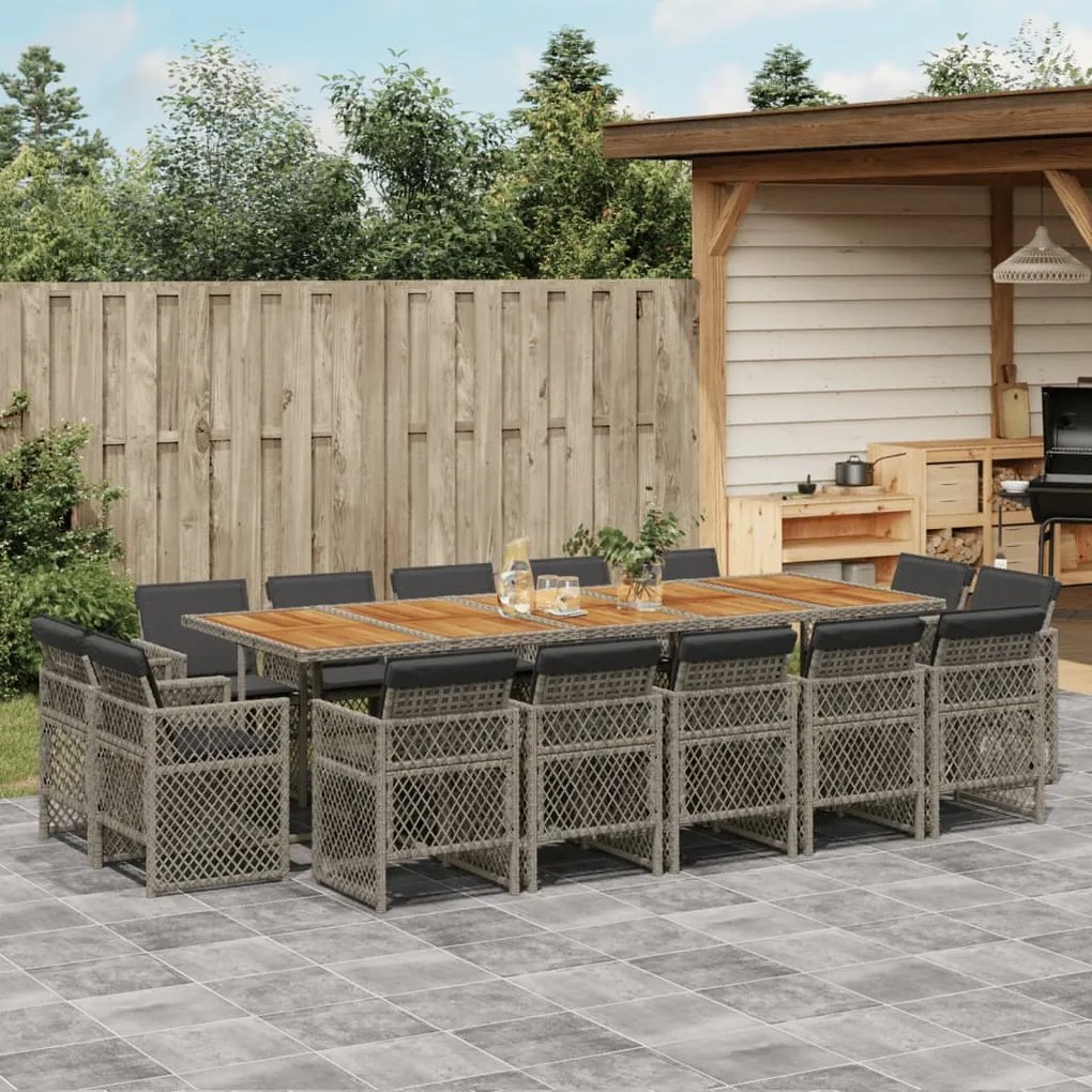 vidaXL 15 pcs conjunto jantar p/ jardim c/ almofadões vime PE cinzento