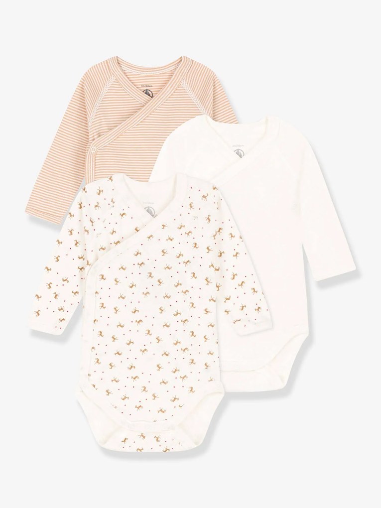 Lote de 3 bodies cruzados de mangas compridas, da Petit Bateau branco estampado