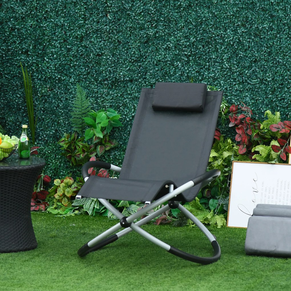 Cadeira de baloiço dobrável com design contemporâneo, com colchão revestido em tecido textilene cinzento-escuro com efeito camurça