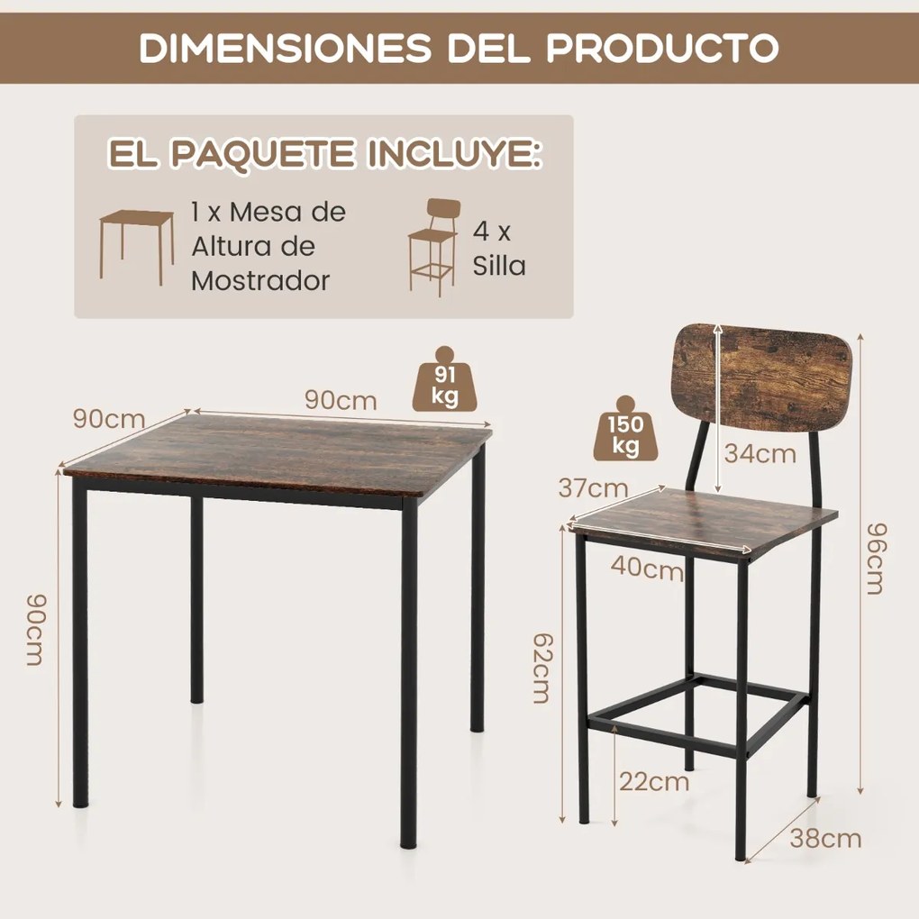 Conjunto de mesa de jantar alta e 4 cadeiras altas de 5 peças com estrutura em aço para casa ou restaurante Café