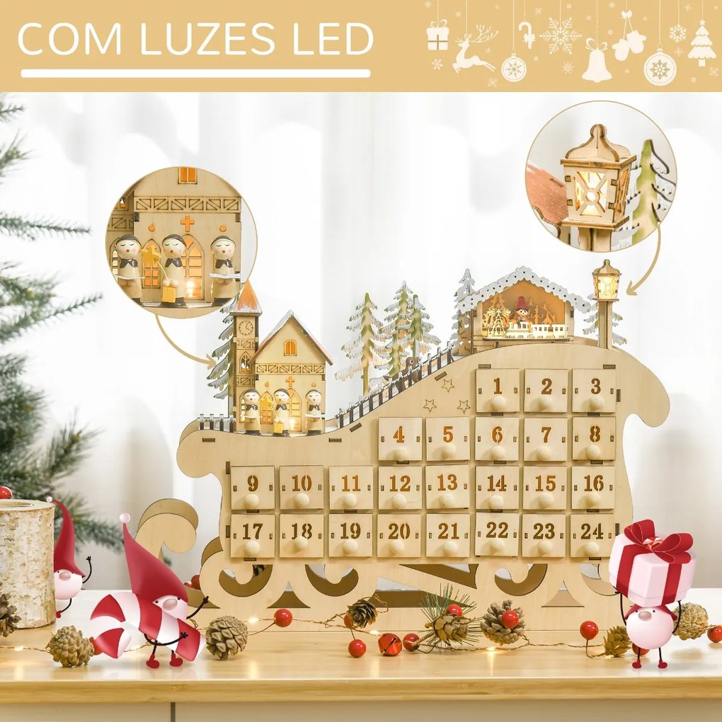 Calendário de Advento de Natal com Luzes LED e 24 Gavetas Decoração de Natal Modelo de Trenó 45x10x31cm Madeira Natural