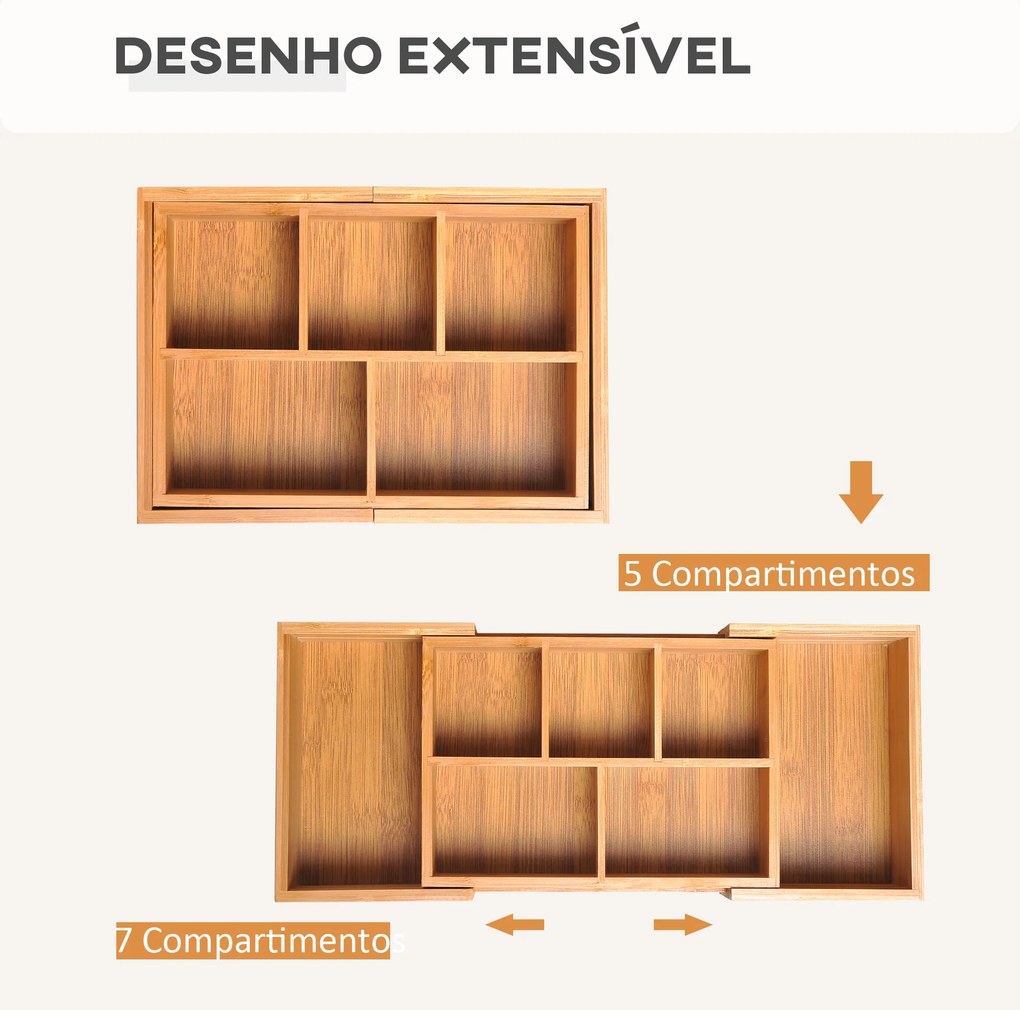 Organizador de Escritório de Bambu Caixa de Armazenamento Extensível com 5-7 Compartimentos  24,6-41x17,6x7 cm Madeira