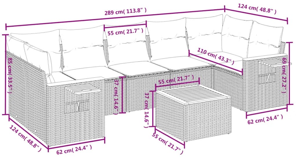 8 pcs conjunto sofás de jardim com almofadões vime PE preto
