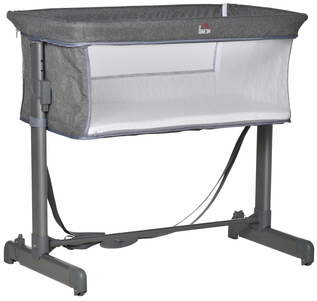 HOMCOM Berço de Bebé 2 em 1 Berço de Viagem Dobrável com Altura e Pés Ajustável em 5 Níveis Bolsa de Transporte até 9kg 86x50x83cm Cinza