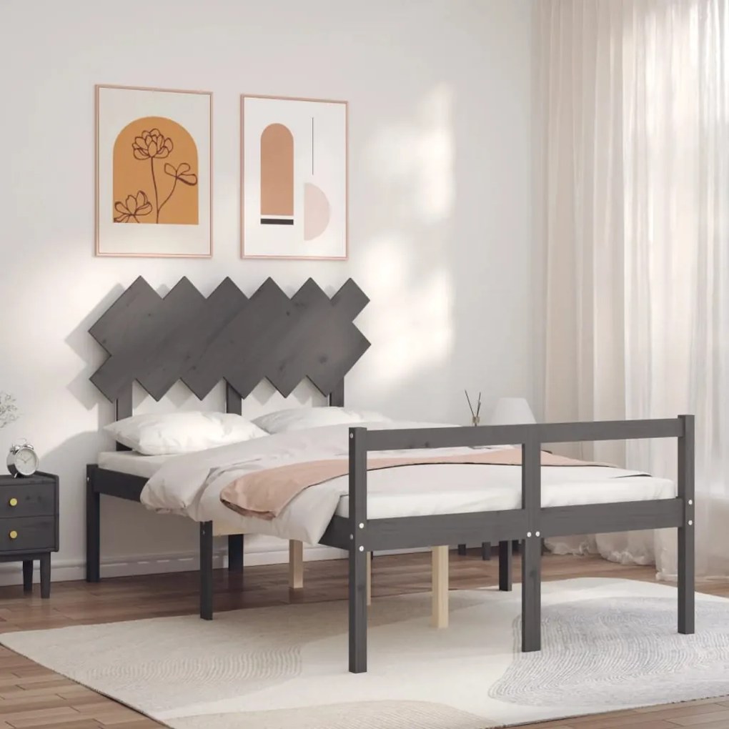 Estrutura de cama de casal c/ cabeceira madeira maciça cinzento