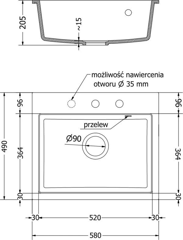 Mexen Oscar lava-loiça de granito de 1 câmara, 580 x 490 mm, cinzento, sifão cromado - 6519581000-71