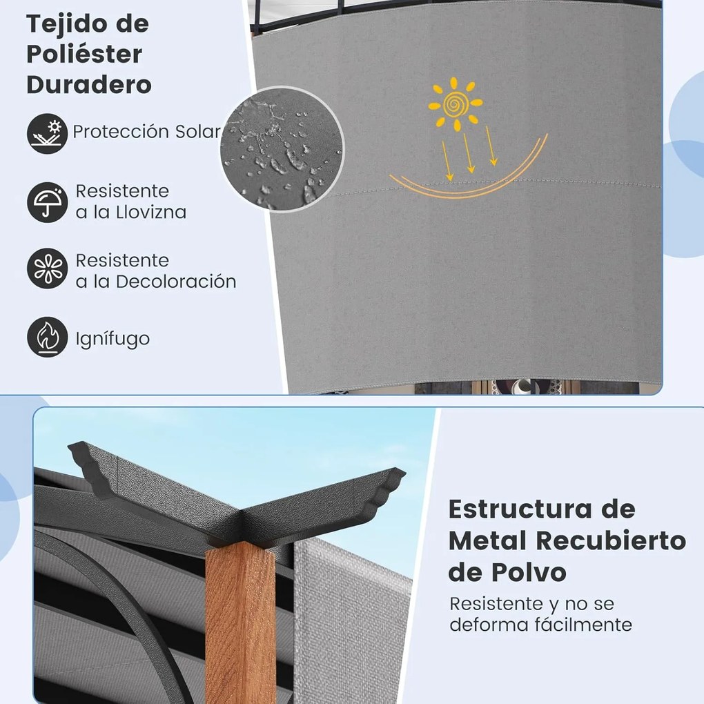 Pérgola de metal em arco retrátil com Toldo retrátil  360 x 300 cm Cinzento