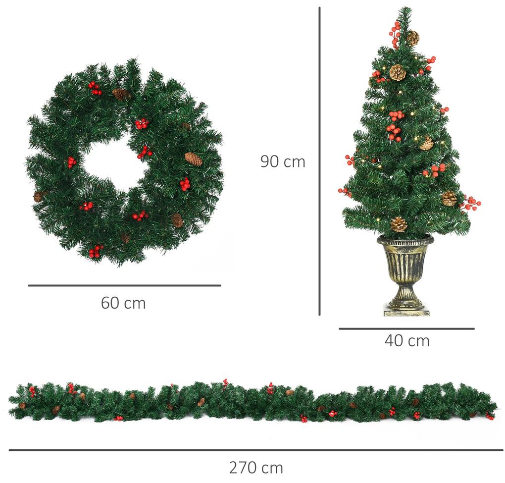 Conjunto de Decoração de Natal 4 Peças Decoração de Natal com 2 Árvores de Natal Coroa e Grinalda com Luzes LED Branca e Bagas Vermelhas 40x40x90cm Ve