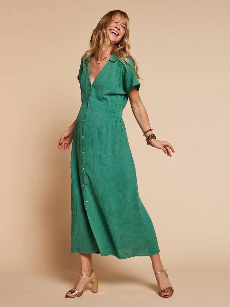Vestido comprido gola de camisa para gravidez e amamentação verde-esmeralda