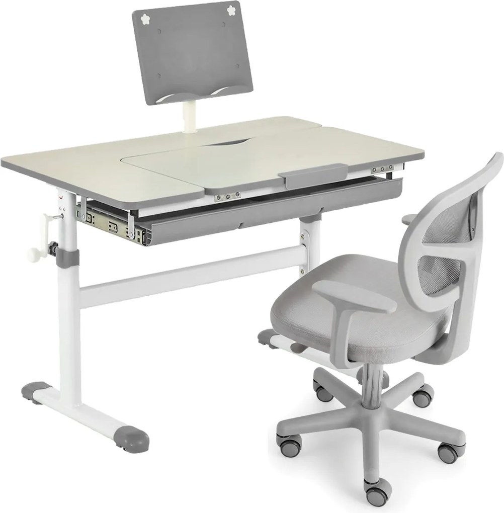 Conjunto 2 em 1 de secretária e cadeira para crianças Secretária ajustável em altura e ângulo com cadeira ergonómica giratória Cinzenta
