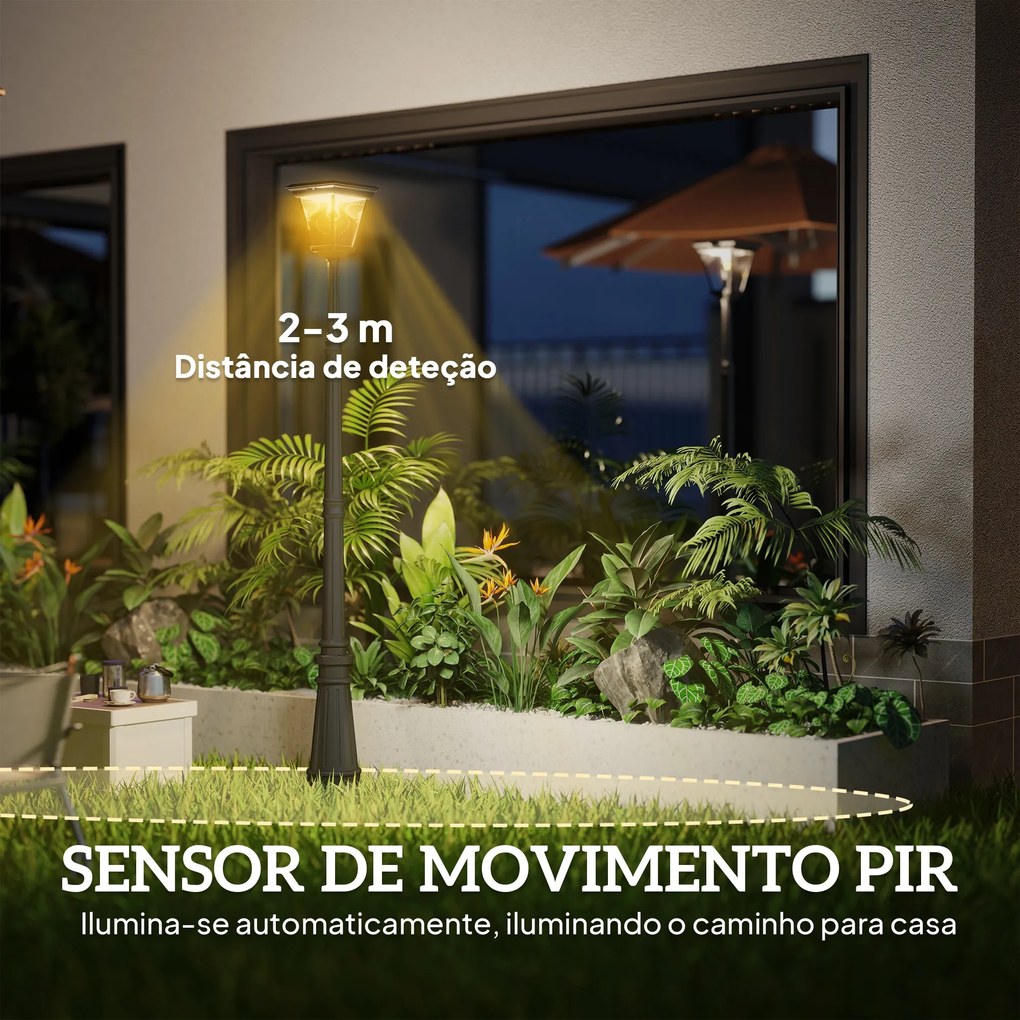 Candeeiro Solar de Jardim com Luzes LED Acendimento e Apagamento Automático Sensor de Movimento 26x24x220 cm Preto