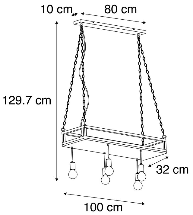 Candeeiro suspenso industrial preto madeira 5-luzes - SHELF Industrial