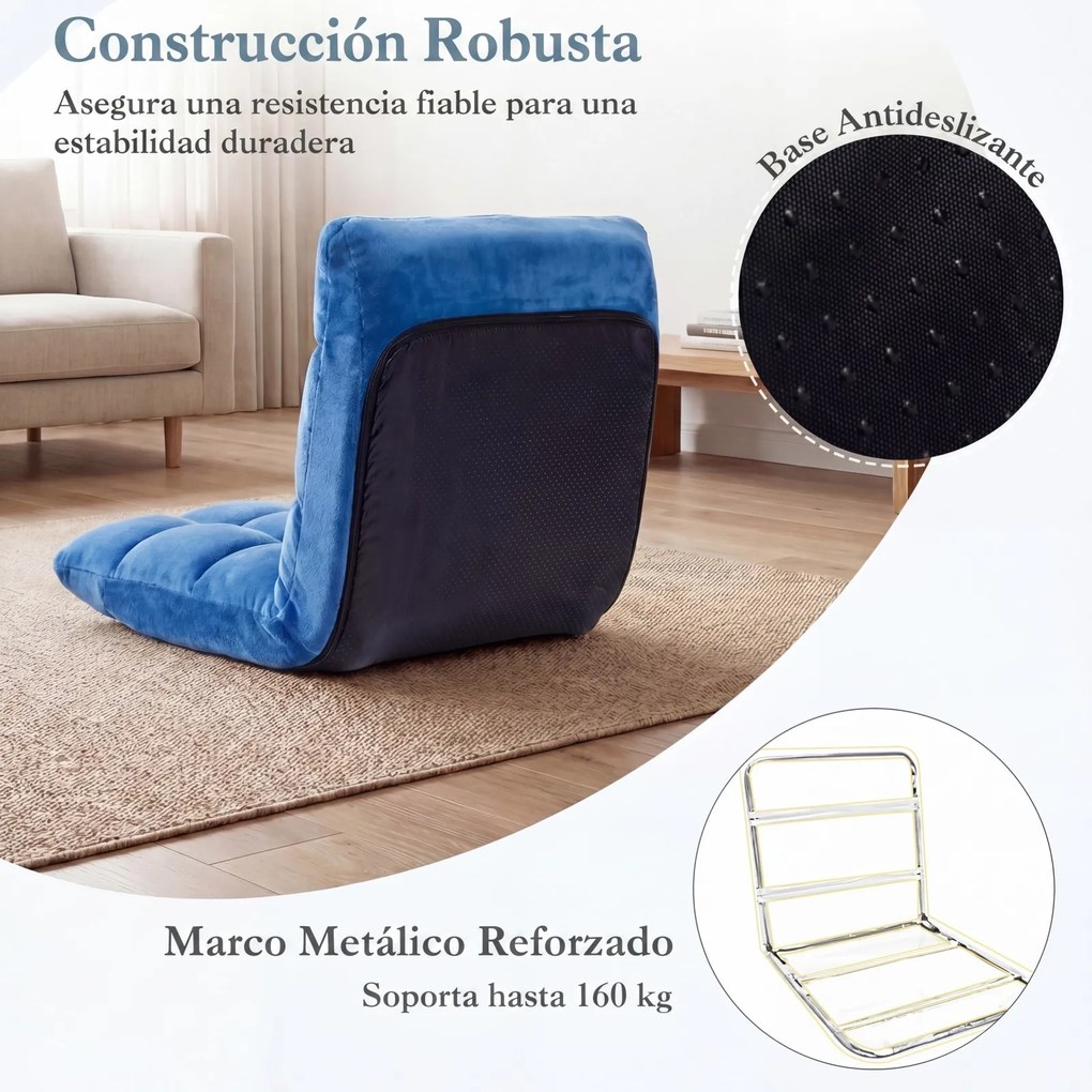 Sofá de chão dobrável 60 x 49,5 x 51 cm com encosto de 14 posições e enchimento de espuma macia para meditação, leitura e yoga Azul Real