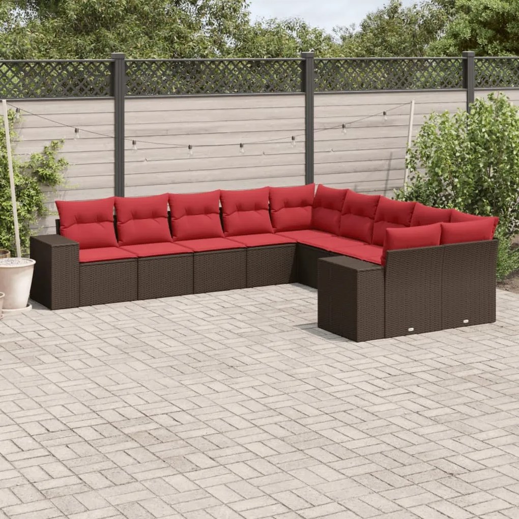 vidaXL 10 pcs conj. sofás jardim com almofadões vime PE castanho