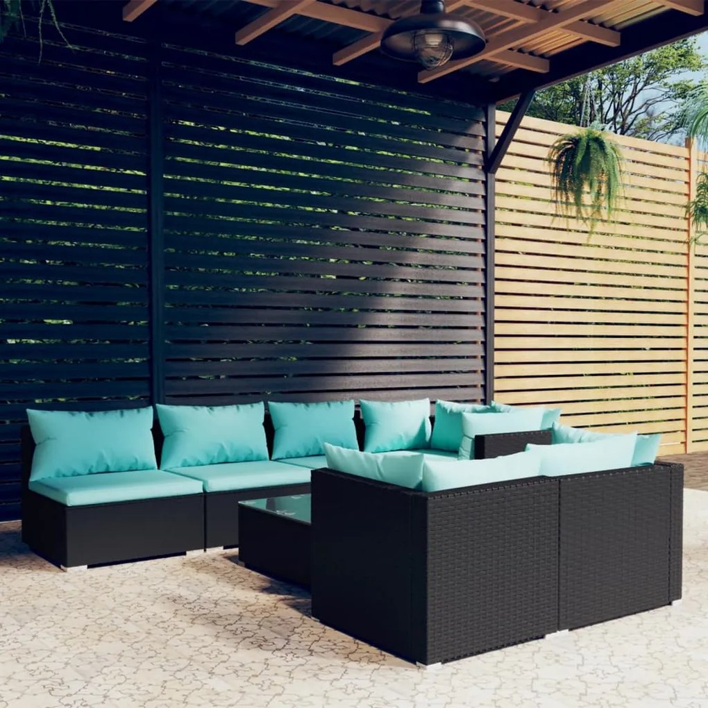 vidaXL 8 pcs conjunto lounge de jardim c/ almofadões vime PE preto