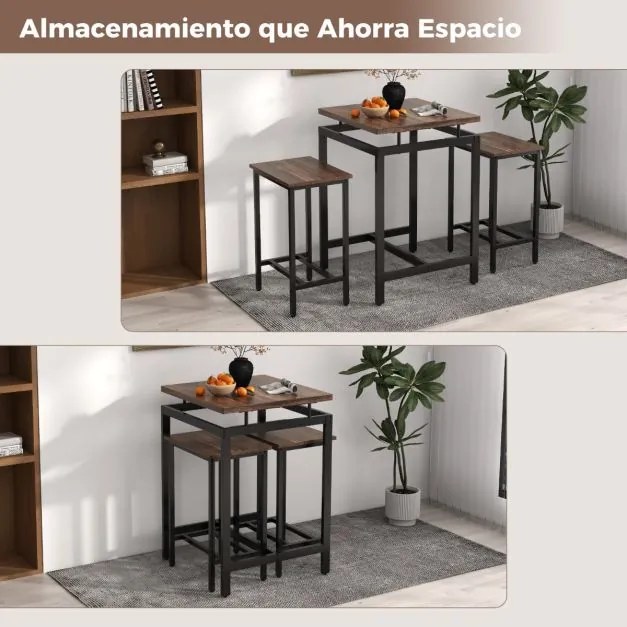 Conjunto de móveis de bar industrial de 3 peças com 2 bancos, mesa flutuante e apoio para os pés para cozinha de espaços pequenos Castanho