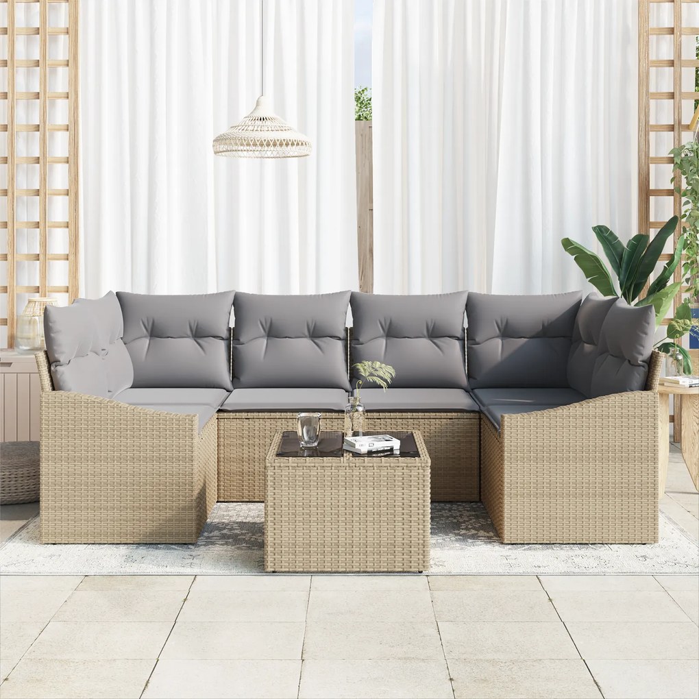 Conjunto de Jantar de Jardim de 7 Peças com Almofadas Bege em Rattan S