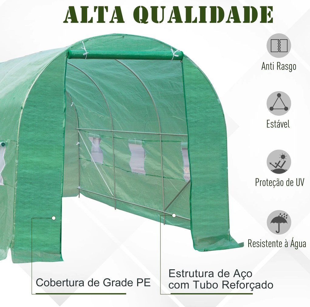 Estufa Túnel 445x190x200 cm Estufa de Jardim com 6 Janelas 1 Porta e C