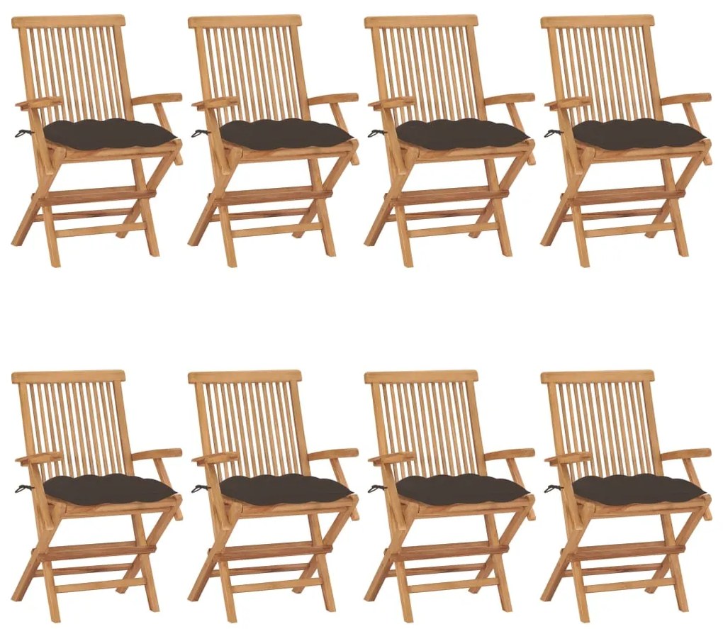 Cadeiras de jardim c/ almofadões cinza-acast. 8 pcs teca maciça