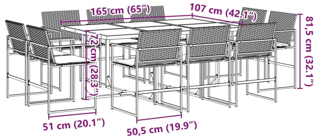 11 pcs conjunto de jantar p/ jardim c/ almofadões vime PE preto