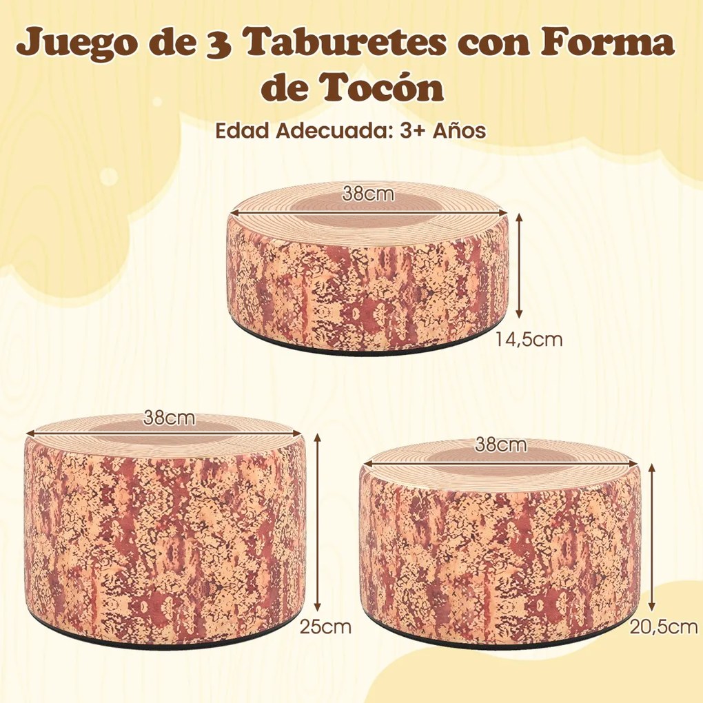 Conjunto de 3 bancos em forma de tronco de árvore para crianças Almofadas de chão com diferentes alturas para salas de aula ou creche Cor 1
