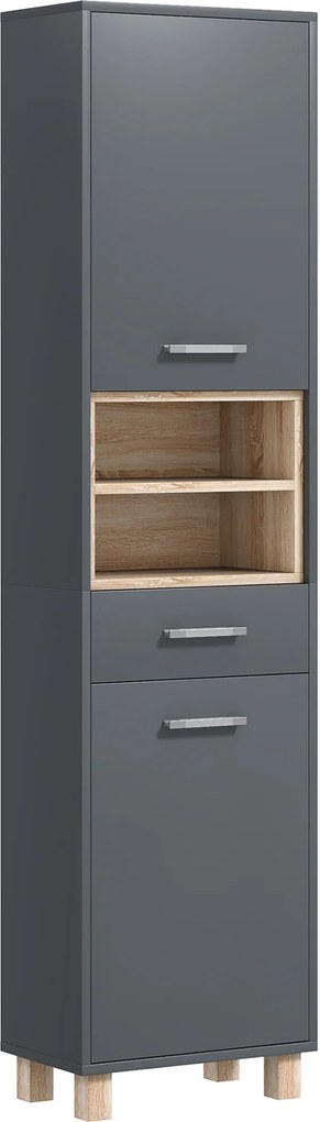 Coluna de casa de banho, móvel de arrumação para casa de banho com 2 armários, uma gaveta e 2 compartimentos abertos, cinzento