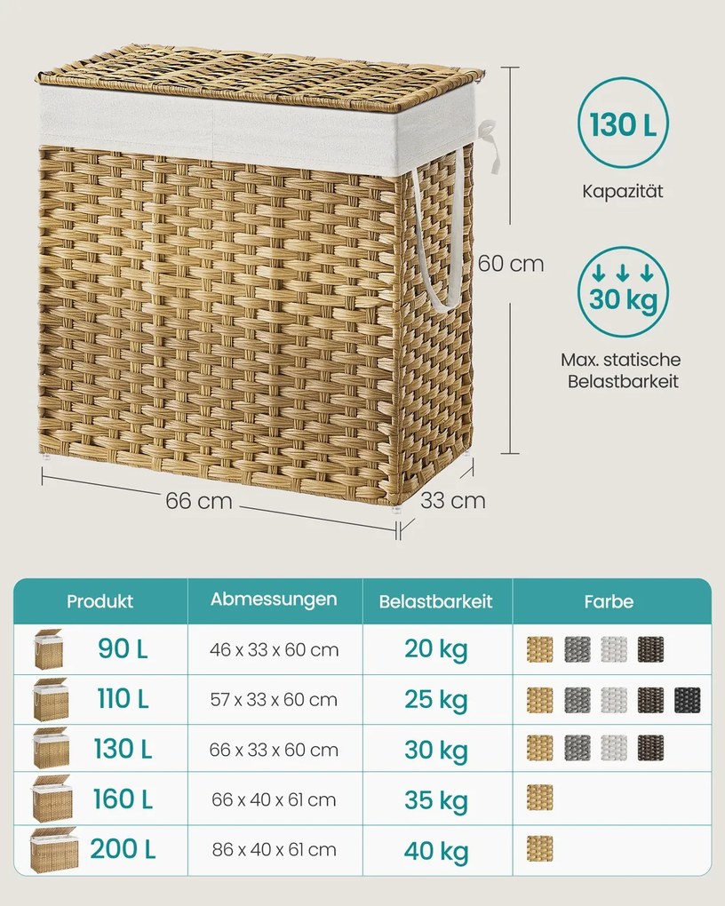 Cesto da roupa suja com tampa 33 x 66 x 60 cm cor natural