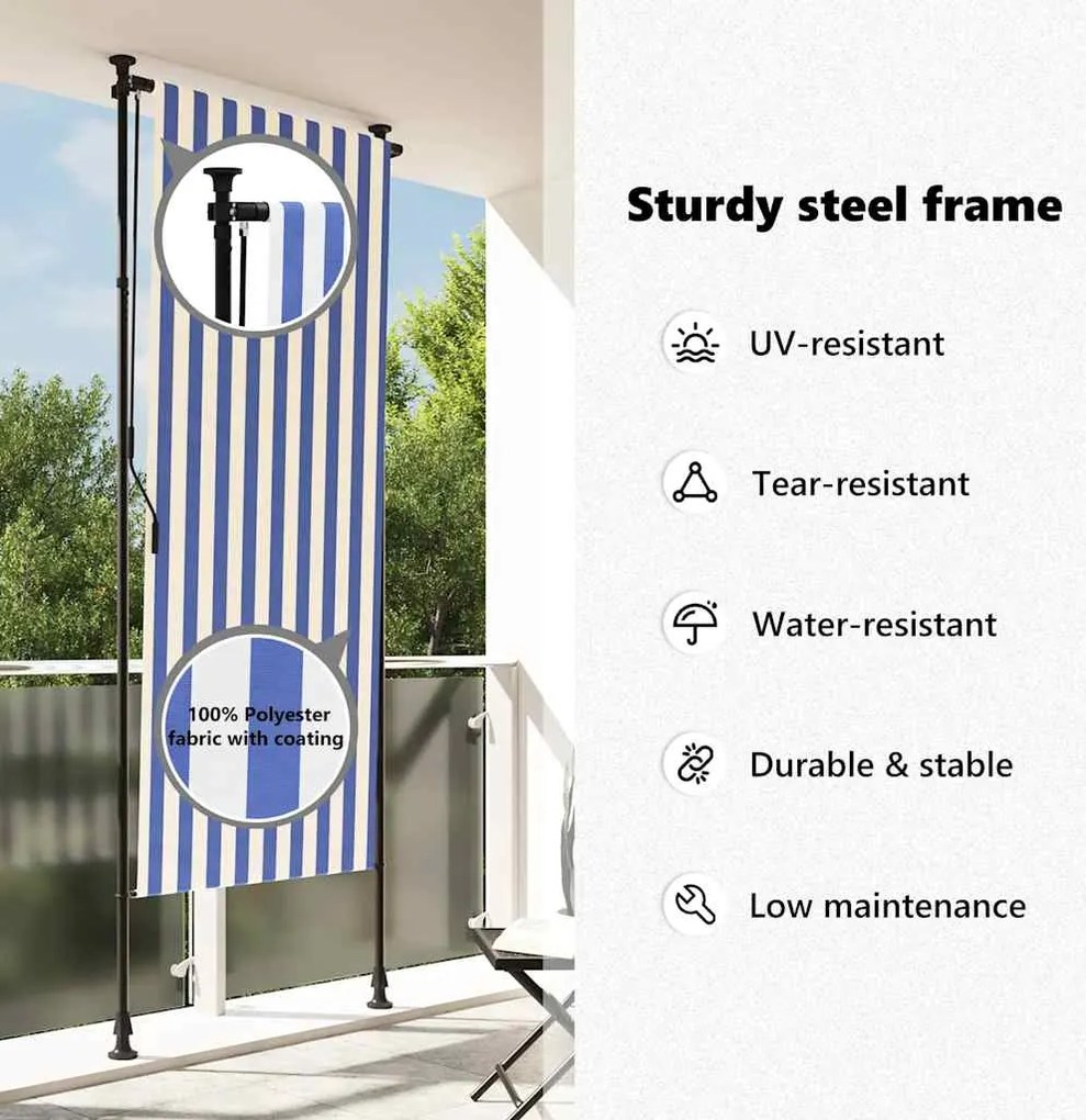 Estore de rolo para exterior 100x270cm tecido/aço azul e branco