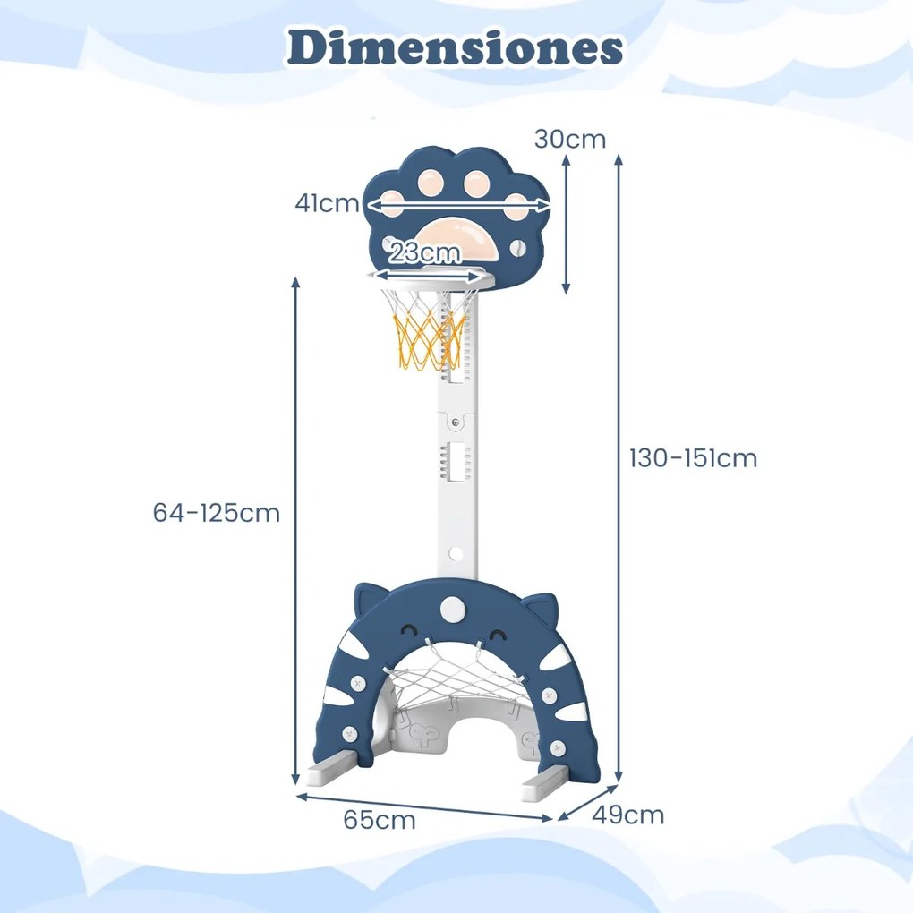 Cesto de basquetebol 3 em 1 ajustável em altura com jogos de futebol e golfe para crianças a partir dos 3 anos 65 x 49 x 130-151 cm Azul