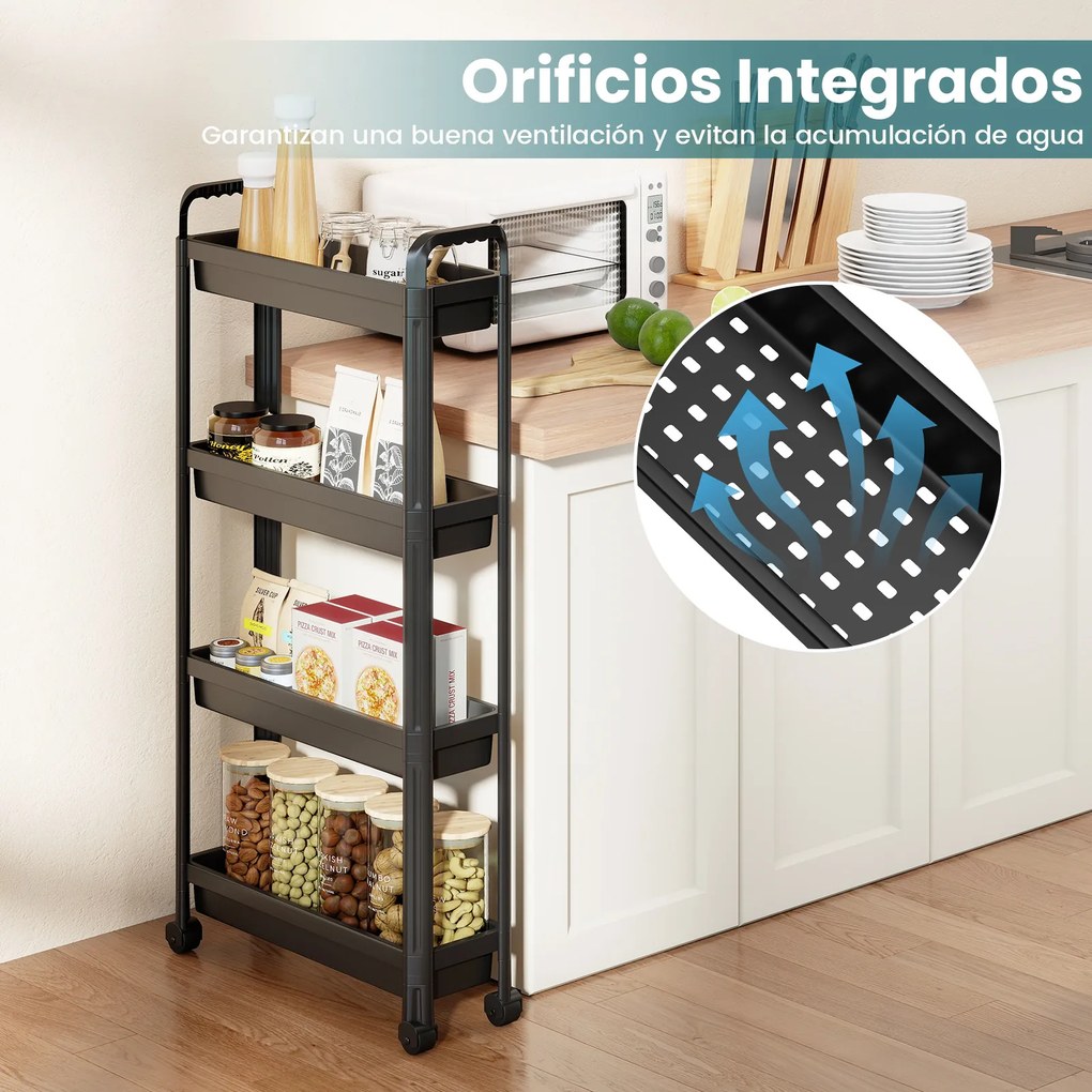 Carrinho estreito de 4 níveis com rodas e pegas 54 × 18,5 × 103 cm Organizador móvel para cozinha, casa de banho, lavandaria e escritório Preto