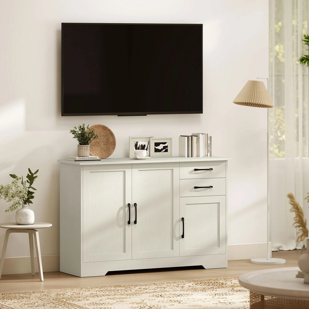 Aparador com 3 Portas 120x38x79 cm Moderno para Sala de Estar com 2 Gavetas Prateleira Ajustável Branco com Efeito Madeira