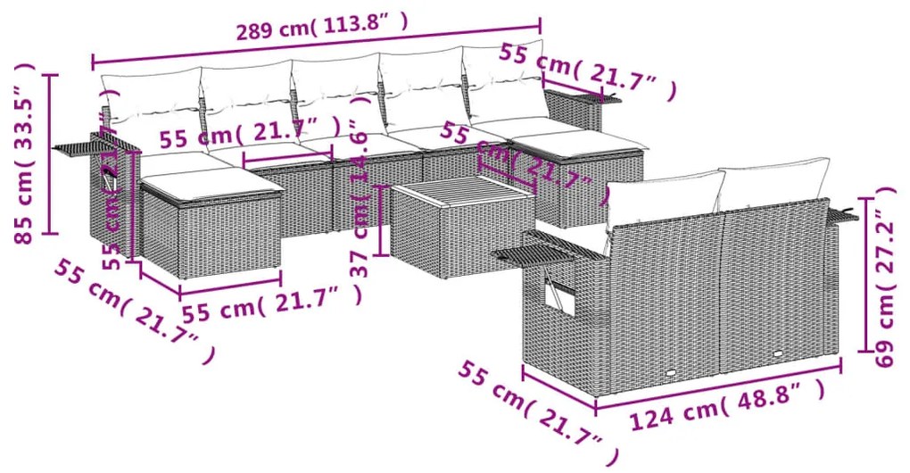 10 pcs conjunto de sofás p/ jardim com almofadões vime PE bege