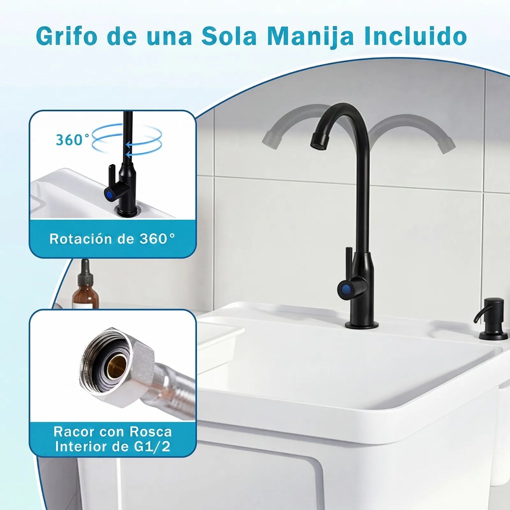 Lava-loiça de Lavandaria plastico, 50,5 x 48 x 120,5 cm, Torneira Giratória de 360°, Branco
