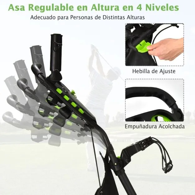 Carrinho de golfe dobrável, leve e de 4 rodas, com saco impermeável e travão de pé, suporte ajustável para guarda-chuva e copo - verde