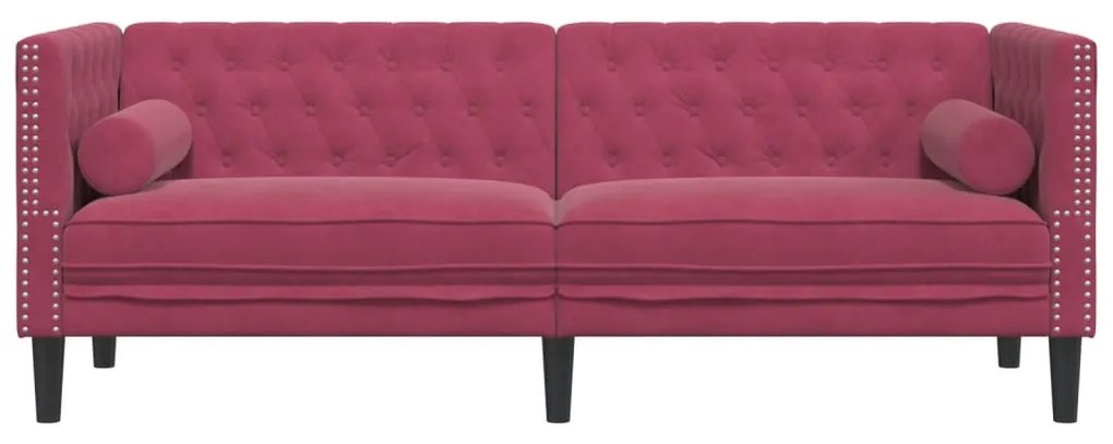 Sofá chesterfield com rolos 3 lugares veludo vermelho tinto