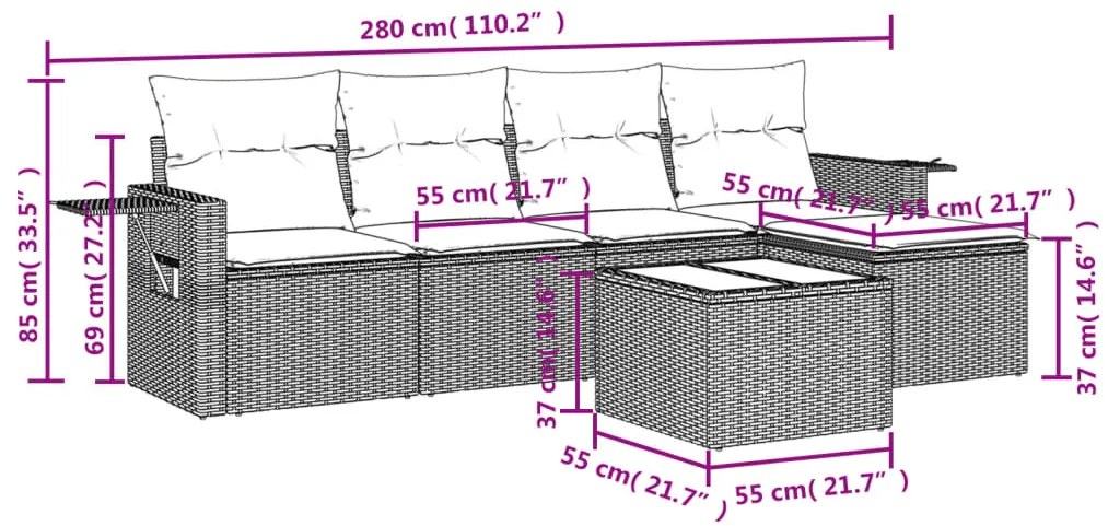 6 pcs conjunto sofás de jardim c/ almofadões vime PE preto