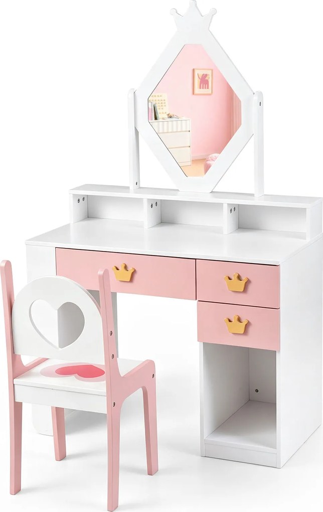 Conjunto de Toucador Infantil com Espelho e Cadeira, 80 x 40 x 130 cm, Espaço de Arrumação Ajustável, Branco