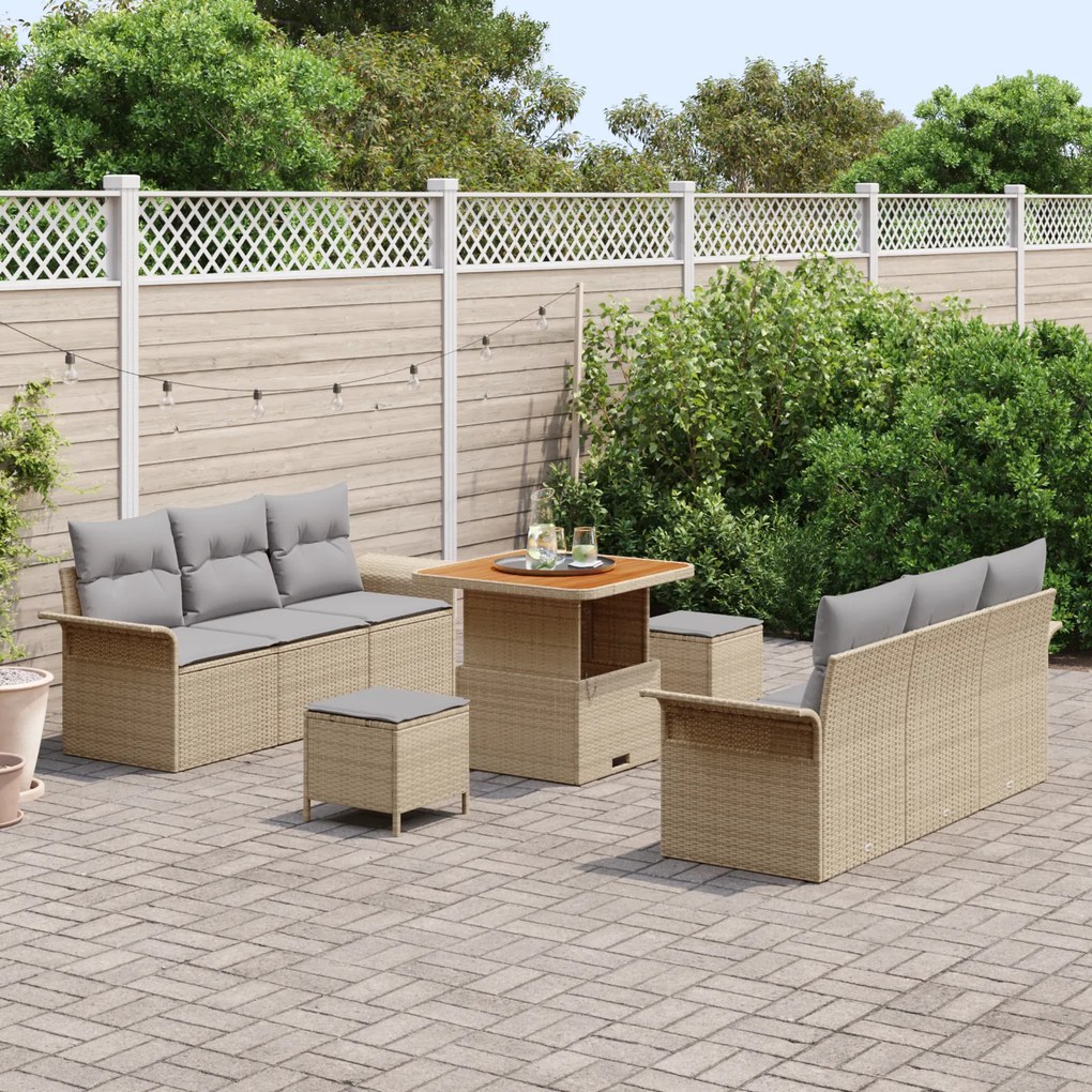 Conjunto de Sofás de Jardim vidaXL de 9 peças com Almofadas Bege Ratta