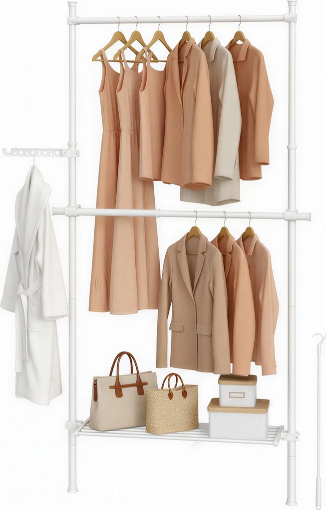 Guarda-roupa aberto com 2 varões e 1 prateleira com 3 níveis 33,5 x (84-123) x (220-300) cm , ajustável em altura e largura Branco